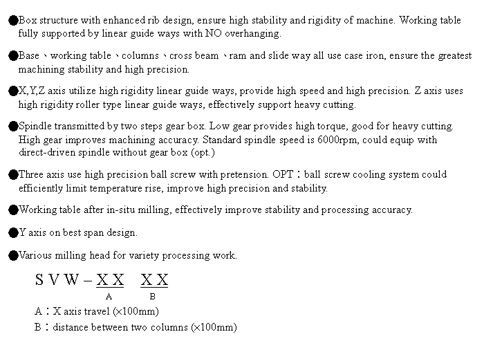 文字方塊: ●Box structure with enhanced rib design, ensure high stability and rigidity of machine. Working table fully supported by linear guide ways with NO overhanging.
●Base、working table、columns、cross beam、ram and slide way all use case iron, ensure the greatest machining stability and high precision.
●X,Y,Z axis utilize high rigidity linear guide ways, provide high speed and high precision. Z axis uses high rigidity roller type linear guide ways, effectively support heavy cutting.
●Spindle transmitted by two steps gear box. Low gear provides high torque, good for heavy cutting. High gear improves machining accuracy. Standard spindle speed is 6000rpm, could equip with direct-driven spindle without gear box (opt.)
●Three axis use high precision ball screw with pretension. OPT︰ball screw cooling system could efficiently limit temperature rise, improve high precision and stability.
●Working table after in-situ milling, effectively improve stability and processing accuracy.
●Y axis on best span design. 
●Various milling head for variety processing work.
S V W – X X  X X
                 A        B 
A︰X axis travel (×100mm)
B︰distance between two columns (×100mm)
