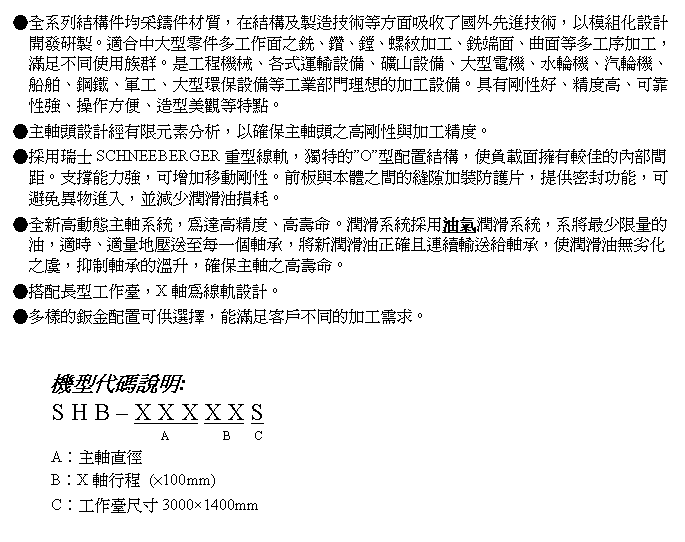 文字方塊: ●全系列結構件均采鑄件材質,在結構及製造技術等方面吸收了國外先進技術,以模組化設計開發研製。適合中大型零件多工作面之銑、鑽、鏜、螺紋加工、銑端面、曲面等多工序加工,滿足不同使用族群。是工程機械、各式運輸設備、礦山設備、大型電機、水輪機、汽輪機、船舶、鋼鐵、軍工、大型環保設備等工業部門理想的加工設備。具有剛性好、精度高、可靠性強、操作方便、造型美觀等特點。
●主軸頭設計經有限元素分析,以確保主軸頭之高剛性與加工精度。
●採用瑞士SCHNEEBERGER重型線軌,獨特的”O”型配置結構,使負載面擁有較佳的內部間距。支撐能力強,可增加移動剛性。前板與本體之間的縫隙加裝防護片,提供密封功能,可避免異物進入,並減少潤滑油損耗。
●全新高動態主軸系統,為達高精度、高壽命。潤滑系統採用油氣潤滑系統,系將最少限量的油,適時、適量地壓送至每一個軸承,將新潤滑油正確且連續輸送給軸承,使潤滑油無劣化之虞,抑制軸承的溫升,確保主軸之高壽命。
●搭配長型工作臺,X軸為線軌設計。
●多樣的鈑金配置可供選擇,能滿足客戶不同的加工需求。
機型代碼說明:
S H B – X X X X X S
A B C
A︰主軸直徑
B︰X軸行程 (×100mm)
C︰工作臺尺寸3000×1400mm