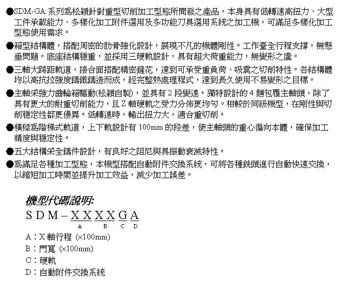 文字方塊: ●SDM-GA系列為松穎針對重型切削加工型態所開發之產品,本身具有低轉速高扭力、大型工件承載能力、多樣化加工附件選用及多功能刀具選用系統之加工機,可滿足多樣化加工型態使用需求。
●箱型結構體,搭配周密的肋骨強化設計,展現不凡的機體剛性。工作臺全行程支撐,無懸垂問題。底座結構穩重,並採用三硬軌設計,具有超大荷重能力,無變形之虞。
●三軸大跨距軌道,接合面搭配精密鏟花,達到可承受重負荷、吸震之切削特性。各結構體均以高抗拉強度鑄鐵鑄造而成,經完整熱處理程式,達到長久使用不易變形之目標。
●主軸采強力齒輪箱驅動(松穎自製),並具有2段變速。獨特設計的4麵包覆主軸頭,除了具有更大的耐重切削能力,且Z軸硬軌之受力分佈更均勻。相較於同級機型,在剛性與切削穩定性都更優異。低轉速時,輸出扭力大,適合重切削。
●橫樑為階梯式軌道,上下軌設計有100mm的段差,使主軸頭的重心偏向本體,確保加工精度與穩定性。
●五大結構采全鑄件設計,有良好之阻尼與具振動衰減特性。
●為滿足各種加工型態,本機型搭配自動附件交換系統,可將各種銑頭進行自動快速交換,以縮短加工時間並提升加工效益,減少加工誤差。
機型代碼說明:
S D M – X X X X G A
A B C D
A︰X軸行程 (×100mm)
B︰門寬 (×100mm)
C︰硬軌
D︰自動附件交換系統